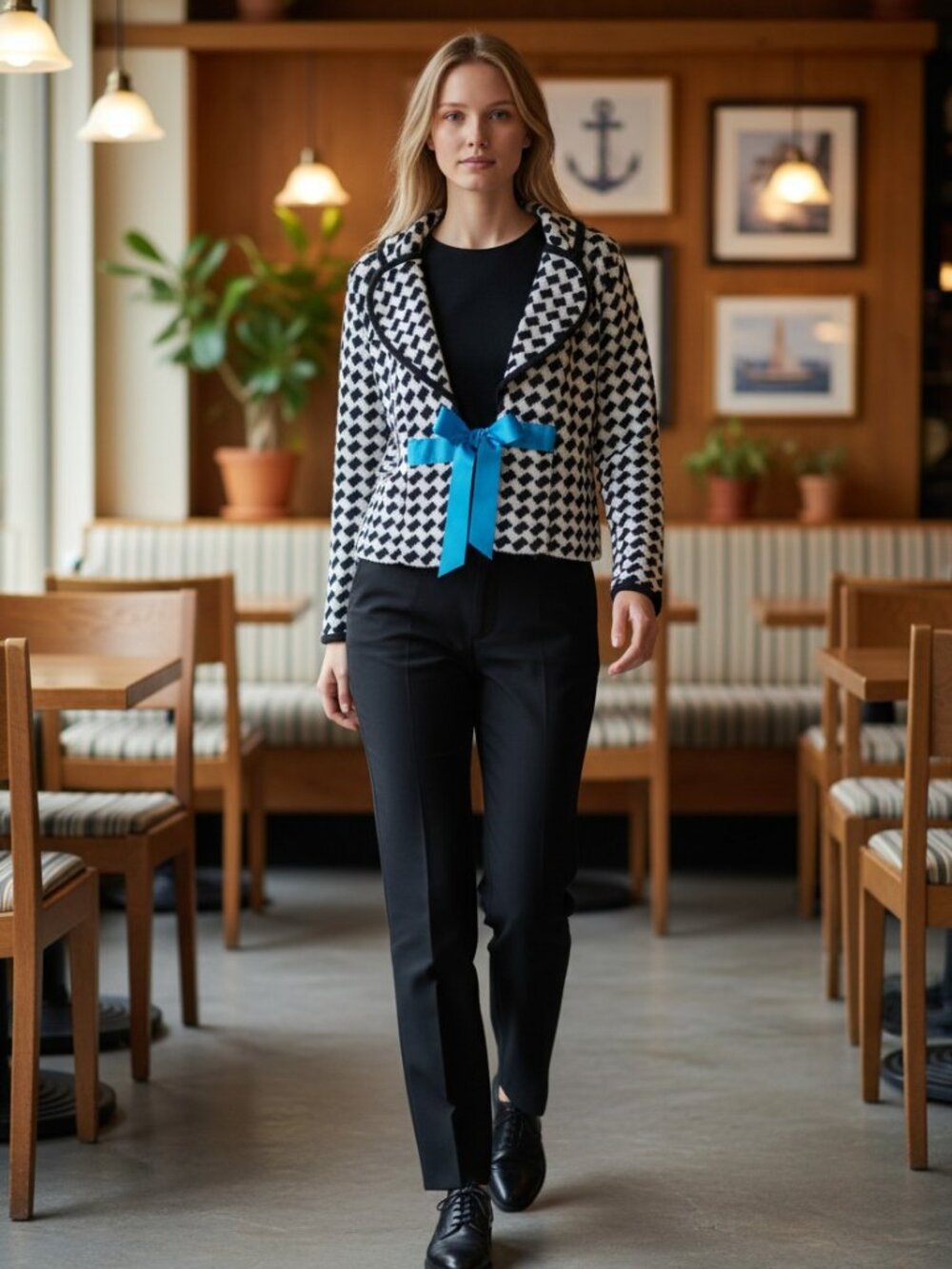 Willow Womens Caridgan Sweater Black White Blue Bow Size Medium Office